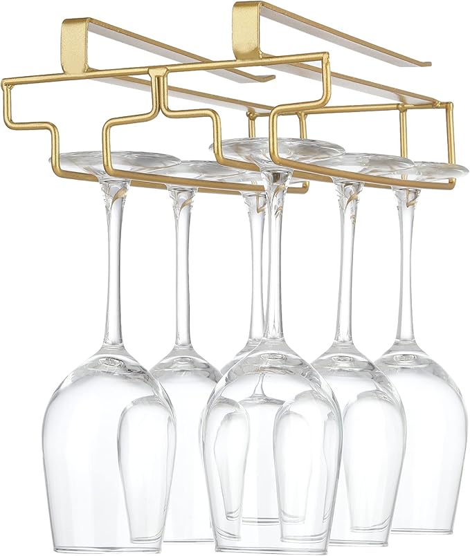 Wine Glass Rack Under Cabinet, Drilling Free No Screw Steamware Holder Under Shelf Metal Wine Glasses Holders 304 Stainless Steel Hanger Storage Organizer Hanging Glass Fit for Bar Kitchen 2 Rows Gold