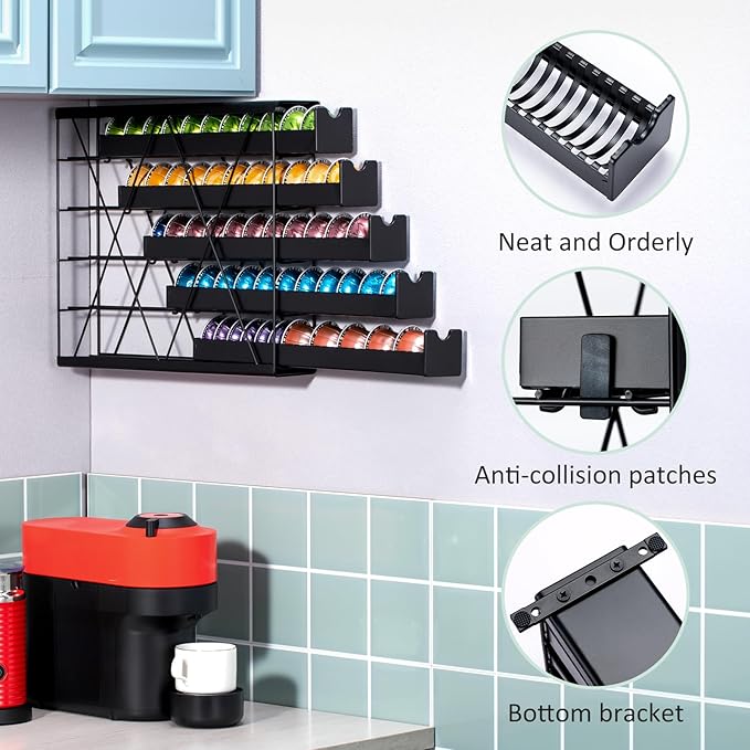 ZCDCP Black Metal 5 Tier Coffee Pod Holder, Nespresso Coffee Pod Holder Coffee Pod Wall Mountable Storage Drawer, for Vtline Capsule Coffee Machine (50 Pods Capacity)