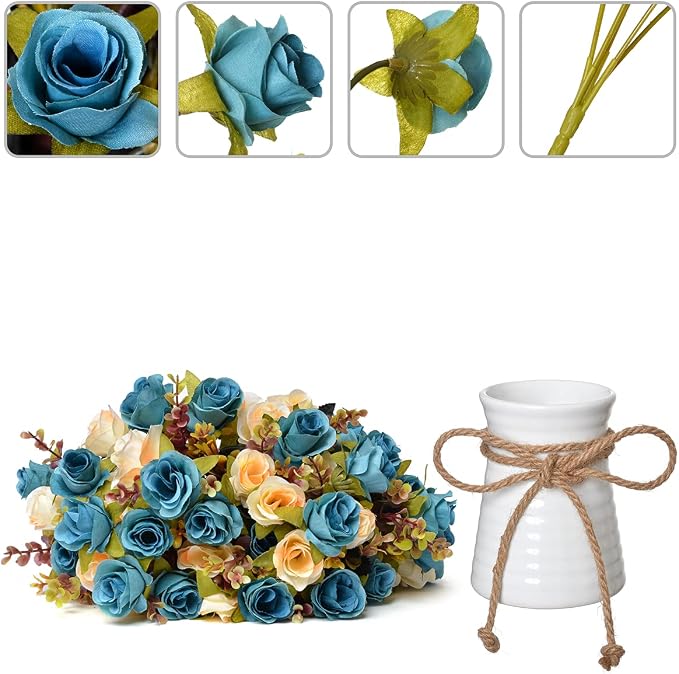 INXUGAO Artificial Flower in Vase,Ceramics Vase with Silk Flower Arrangements Table Centerpieces Wedding Bouquets for Office Meeting Room Home Décor Decoration(Blue)