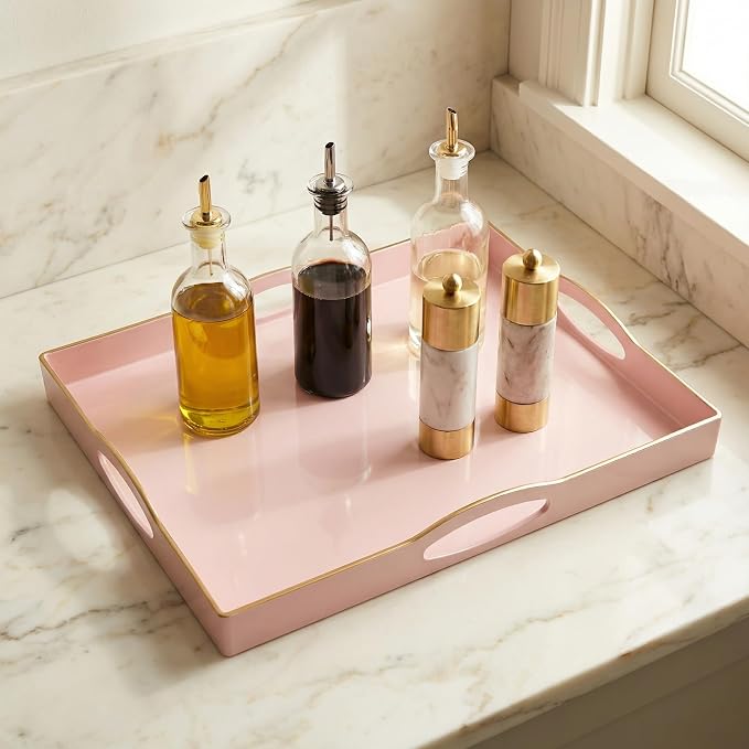 Pink Serving Tray with 4 Handles, Plastic Decorative Tray for Coffee Table, Ottoman - Ideal for Living Room & Bathroom. 15” x 11” x 1.9”