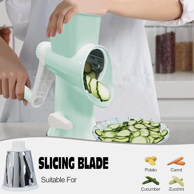 Cheese Grater with Handle,Multifunctional Rotary Cheese Grater,Kitchen Cheese Shredder Can Easily Chop Vegetables,Potatoes,Carrots,Etc.The Suction Cup is Stable and Easy to Clean (light green)