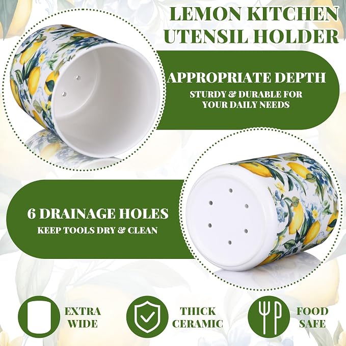 Suclain Lemon Ceramic Utensil Holder 6.3 Inch Rustic Kitchen Crock Summer Lemon Floral Design Countertop Storage Organizer for Spatula and Spoon Home Cooking Unique Gift Idea