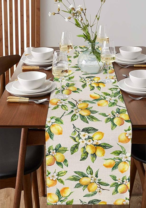 Spring Yellow Lemon Table Runner 90 Inch Long Dresser Scarves Summer Lemons Floral Cotton Linen Tablerunners Italian Farmhouse Dining Kitchen Burlap Table Setting Decor for Party Holiday Home, 13"x90"