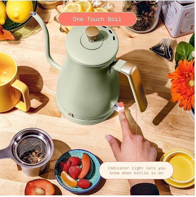 Beautiful Electric Gooseneck Kettle, 1 Liter, 1200W, Stainless Steel Interior, Fast Boil, Precision Pour Spout, Auto Shut-Off & Boil-Dry Protection (Green)