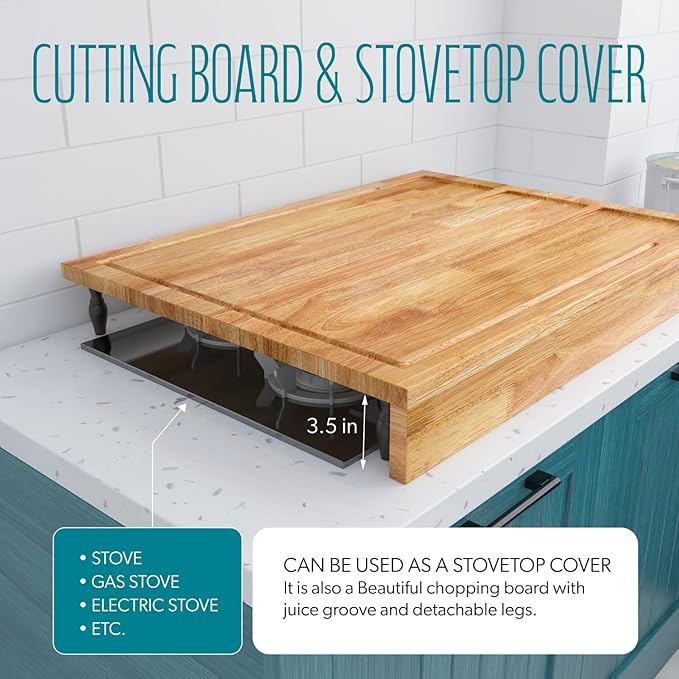 Extra Large Solid Wooden Cutting Board and Stovetop Cover, 3 in 1 Stove Top Cover Chopping Board with Detachable Legs and Juice Groove, Sink Cover Board (1, Light Brown)