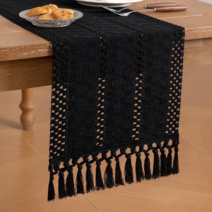 Socomi Boho Table Runner Summer Farmhouse Rustic Dining Kitchen Centerpiece Decor Small Macrame Woven Cotton Linen Coffee Table Runner for Dresser Scarf Home Decor 12x36 inch Black