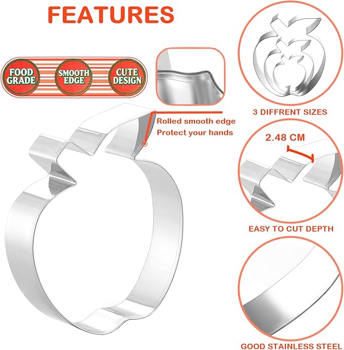 3 Piece Apple Cookie Cutter Set - 3.5", 2.7", 2" Fruit Cookie Cutters Shapes, Stainless Steel Biscake Cutter for Fall Thanksgiving