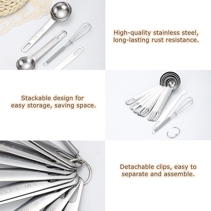 Stainless Steel Measuring Spoons Set - 8 Piece Metal Measuring Spoons with Leveler & Whisk for Cooking & Baking, Kitchen Measuring Spoons Fits Spice Jars, Professional Heavy Duty Gadgets