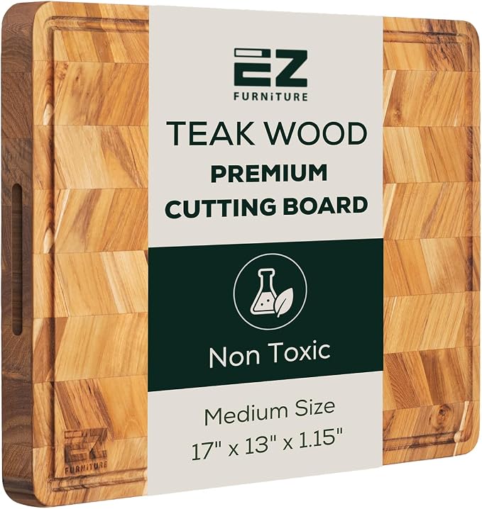 EZ FURNITURE Medium (M) Teak Edge Grain Cutting Board, Reversible, Knife-Friendly Charcuterie Wood Cutting Board, Juice Groove & Handles, Non-Toxic, Gift Box Included (Herringbone, 17" x 13" x 1.15")