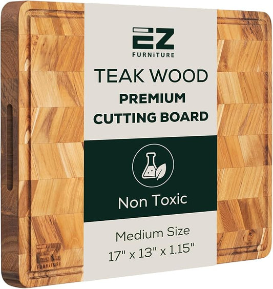 EZ FURNITURE Medium (M) Teak Edge Grain Cutting Board, Reversible, Knife-Friendly Charcuterie Wood Cutting Board, Juice Groove & Handles, Non-Toxic, Gift Box Included (Herringbone, 17" x 13" x 1.15")