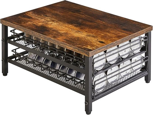 IBUYKE 2-Tie Coffee Pod Drawer Holder,80 Capsule Pods,Compatible for Nespresso Vertuo Pods,Wooden Top and Mesh Shelves,Home Kitchen Counter Coffee Bar Organizer, Rustic Brown,TCJ102H