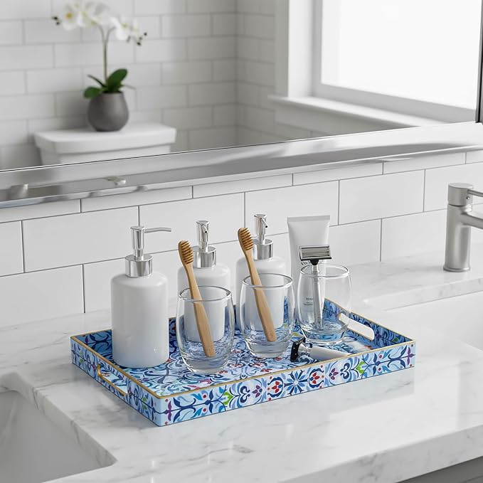 Hiceeden Set of 2 Boho Floral Serving Tray with Handles, 15.7" x 11.8" Decorative Plastic Ottoman Tray, Modern Large Coffee Table Server for Living Room, Bathroom, Kitchen, Rectangle, Blue