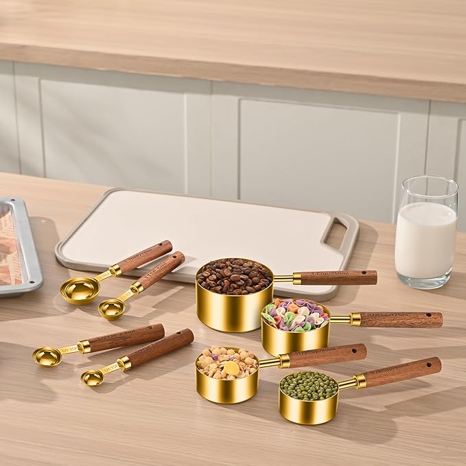 Wooden Handle Measuring Cups & Spoons Set 8-Piece – Stainless Steel, Stackable, Rustic Farmhouse Kitchen Gadgets, Non-Toxic, Dishwasher Safe, Gift for Bakers & New Homeowners