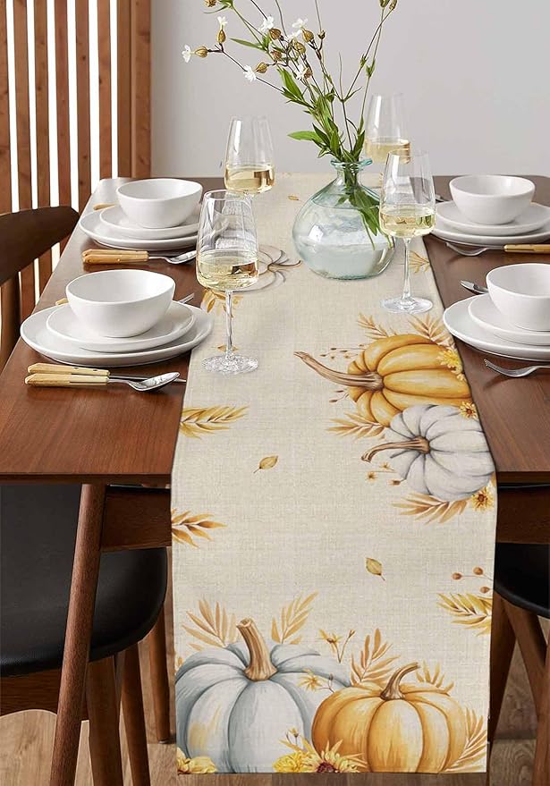 Fall Pumpkins Table Runner - 72 Inch Long, Grey Golden-yellow Pumpkin Thanksgiving Dining Table Runner Dresser Scarves, Maple Leaf Farm Harvest Decor for Coffee Table Wedding Party Banquet, 18x72 in