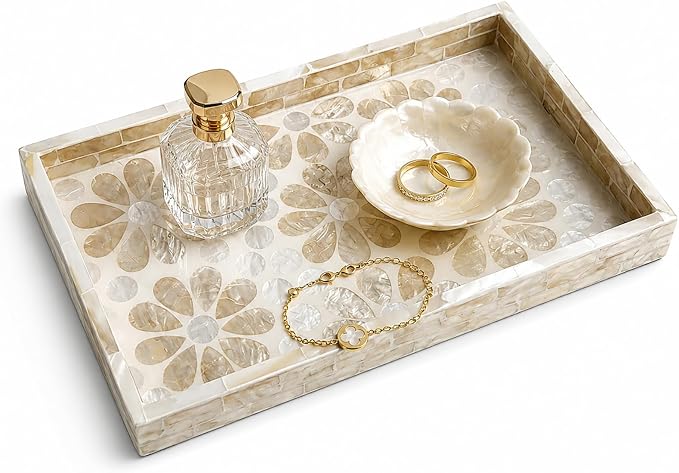 Mother of Pearl Inlay Wooden Tray – Handmade Decorative Rectangle Serving Tray for Coffee Table, Kitchen, Bathroom, Vanity or Living Room Decor, Golden Flowers