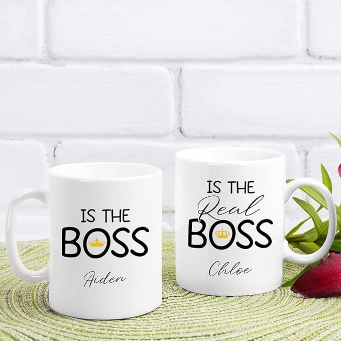 Personalized Couple Coffee Mug Cup Gifts For Husband And Wife, The Real Boss Mug Set, Couples Porcelain Mug, Lover Mug, Custom Name Mugs, Cup Gift For Him And Her, Set Of 2 White 11oz Or 15oz