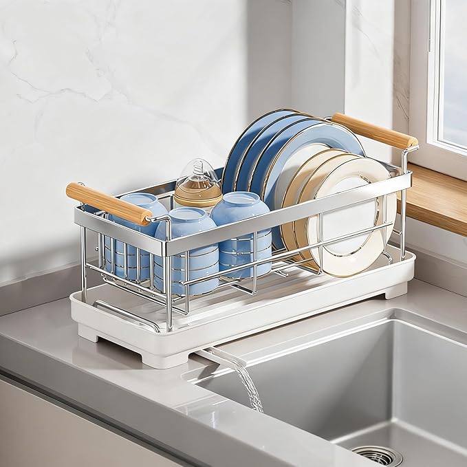 Stainless Steel Dish Drying Rack,304 Grade Rustproof Dish Rack for Kitchen Counter with Drain Board & Detachable Holder (Small:16.5 * 7 * 7inch)