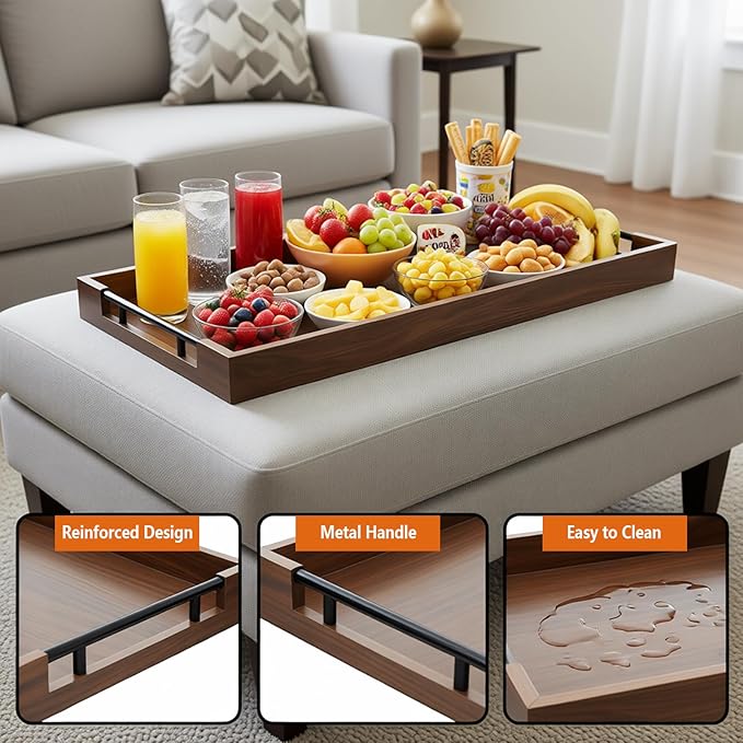 Sasovevga 32 x 12 Inch Large Acacia Wood Serving Tray with Metal Handle, Long Charcuterie Board for Cheese, Meat & Appetizers, Extra Long Kitchen Platter for Gatherings, BBQ & Home Decor