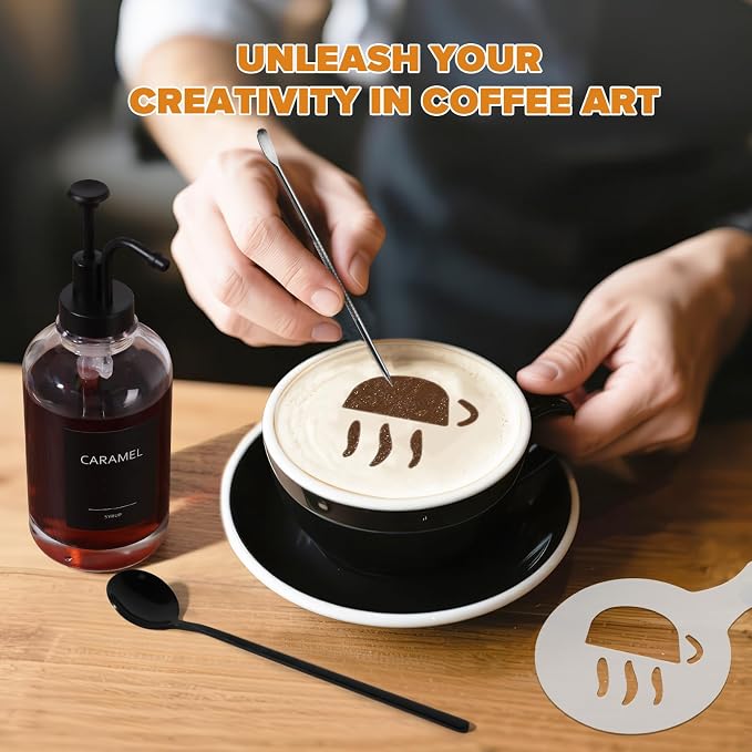 Coffee Bar Accessories, Glass Syrup Dispenser with Pump, 16.9 fl oz/500ml Syrup Bottles for Coffee Bar Organizer, Labels, Spoons,4 Pack