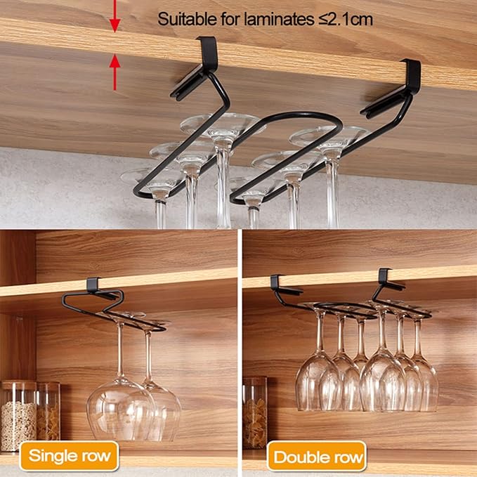 V3VOGUE Stainless Steel Under Shelf Wine Glass Holder, Under Cabinet Stemware Glasses Storage Hanger, Punch-Free Hanging Stemware Holder, Wire Hanging Rack (Single Row, Double Row)