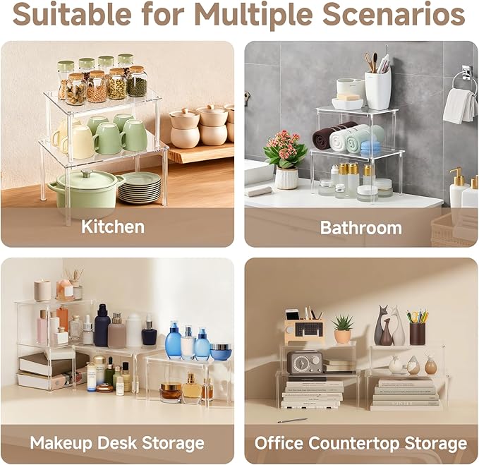 Clear Kitchen Cabinet Organizer, Set of 2 Stackable Spice Rack, Acrylic Shelves for Pantry Organizers and Storage, Tiered Spice Organization for Cabinet, Shelf Organizer for Desk Countertop