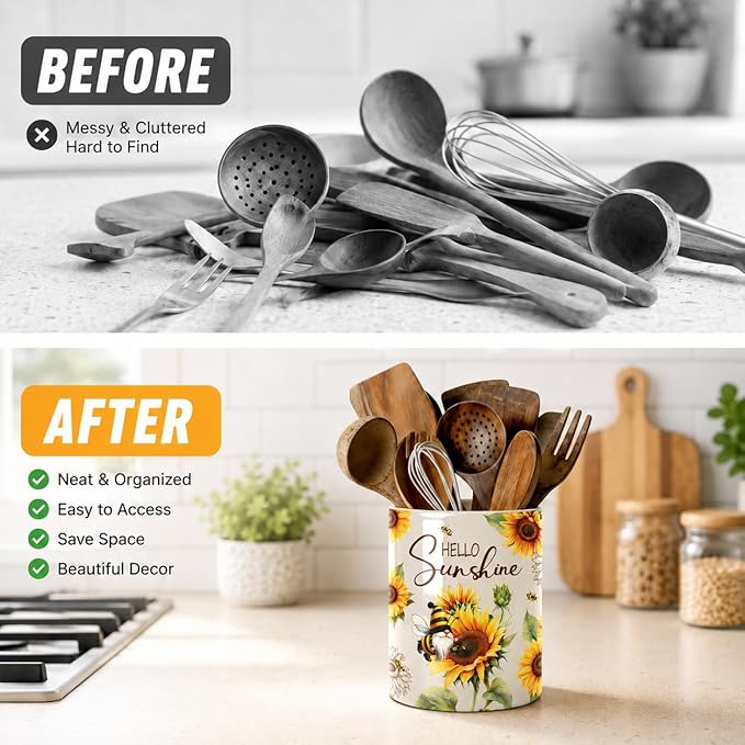 Bee Gnome Utensil Holder, Ceramic Kitchen Utensil Holder, Utensil Crock for Home Kitchen Countertop Storage Organizer Container, Large Holder for Spatulas, Spoons, Kitchen Counter Decor, 6"