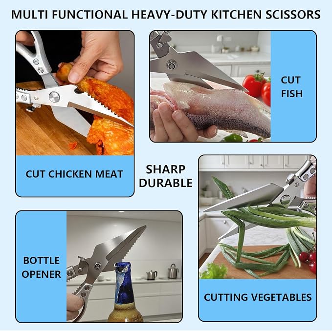 Professional Poultry Shears Heavy Duty – Multifunctional Kitchen Scissors with 2 Extra Springs, Kitchen Shears with Safety Lock & Non-Slip Handle for Chicken,Fish,Veggies, Dishwasher Safe
