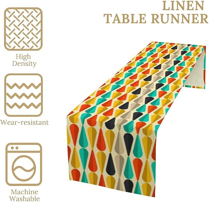 Mid Century Table Runner,Retro Colourful Droplet Shapes Abstract Geometric Table Runner for Home Indoor Outdoor Kitchen Holiday Birthday Party Wedding Decor 13x36 Inch