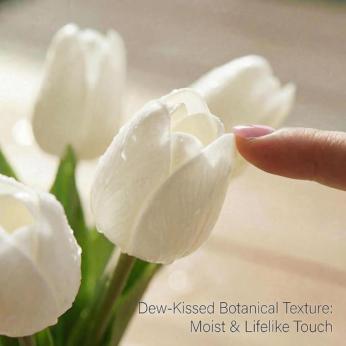Mandy's White Artificial Tulips Flowers Centerpiece, 13.5" Lifelike PU Fake Floral Stems 20pcs for Kitchen Island & Dining Table, Spring Decor for Easter