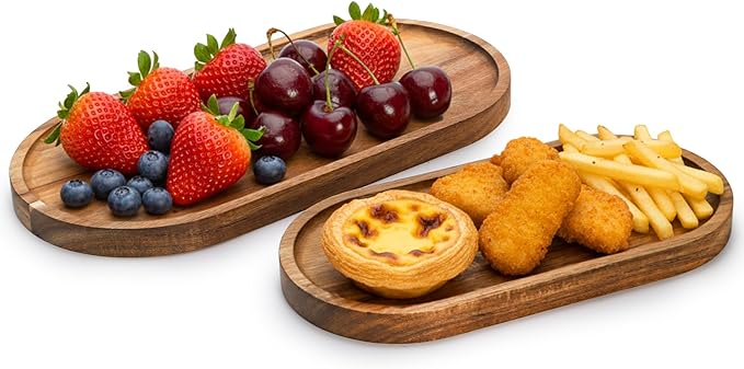 Elsjoy Set of 2 Acacia Wood Serving Trays, Long Wooden Serving Platter Oval Charcuterie Board Set for Home Decor, Fruit, Cheese, 𝟏𝟒" 𝐱𝟕" 𝐚𝐧𝐝 𝟏𝟏" 𝐱𝟓.𝟓"