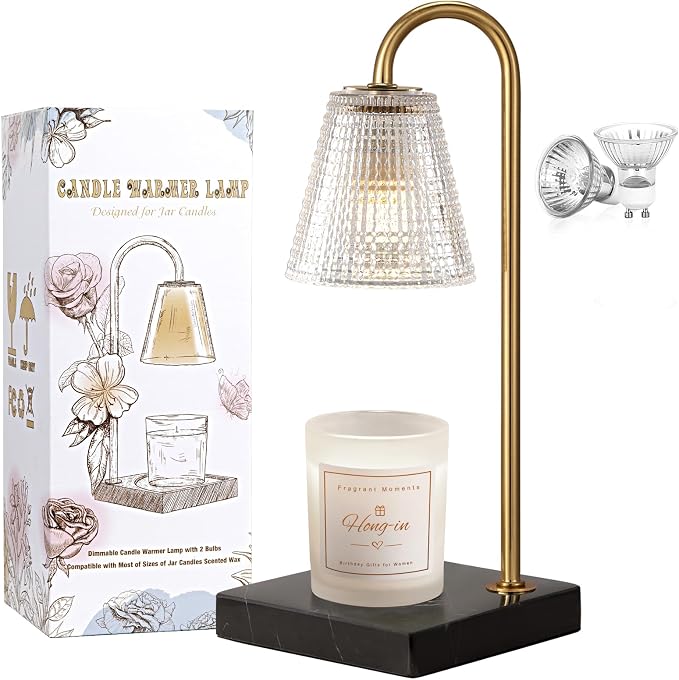 Hong-in Modern Gold Candle Warmer Lamp with Black Marble Base, Glass Shade Electric Candle Melter for Scented Candles, Stylish Home Kitchen Decor & Gift for Women