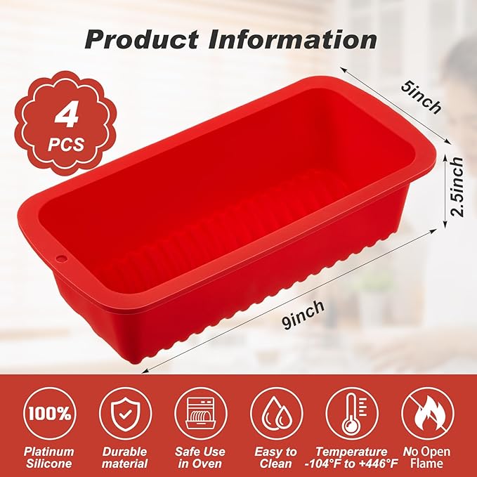 Willinglong 4 Pcs Silicone Bread Loaf Pan 9 x 5 Inch Rectangle Silicone Baking Molds Non Stick Mini Cake Pan, Homemade Loaf, Bread and Meatloaf, Red