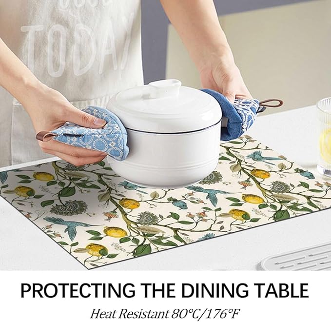 Boho Floral Hummingbird Placemats Set of 4 Vintage William Morris Washable Heat Resistant Place Mats for Dining Table Rustic Lemon Tree Sunflower Print Linen Woven Wipeable Kitchen Table Mat