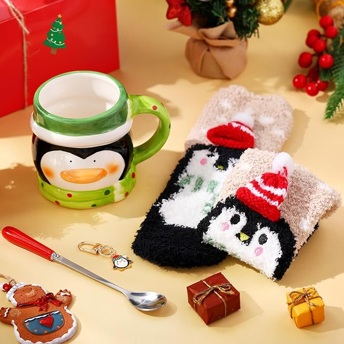 Sliner 4 Pcs Penguin Mug Gifts Set Include Christmas Coffee Mugs 17 oz with Red Spoons Funny Winter Fuzzy Socks Mini Penguin Keychains Hot Chocolate Cup for Women Men Xmas Holiday Birthday Gifts