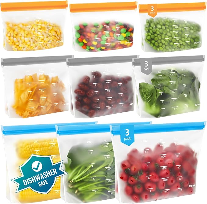 Dishwasher Safe Reusable Storage Bags Stand Up - BPA Free Reusable Sandwich Bags - Leakproof Gallon Freezer Bags, Silicone Food Storage Bags - Multicolor 3 Large + 3 Sandwich + 3 Snack Bags