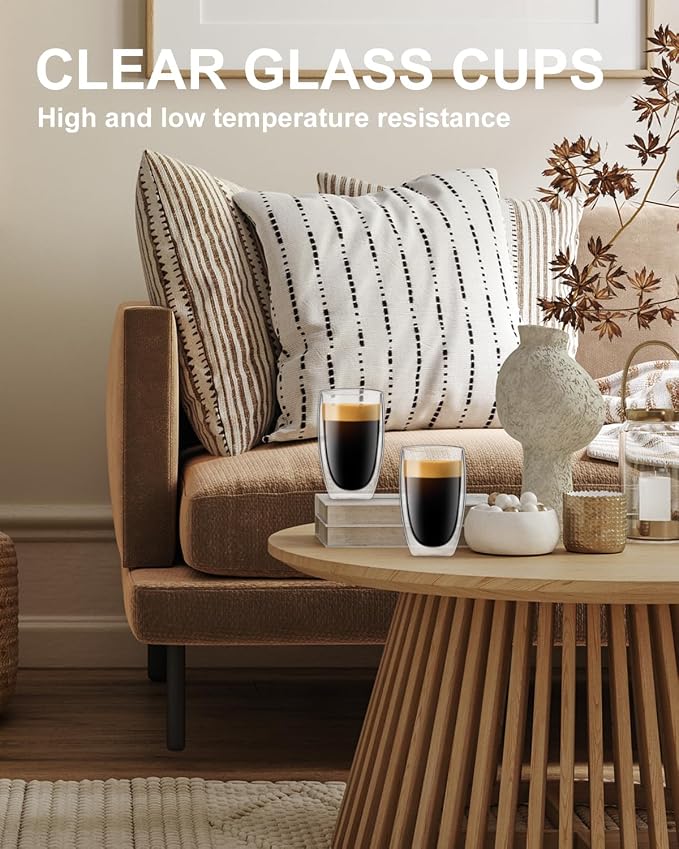 LUXU 16 Oz Double Walled Glasses Coffee Mugs,4-Pack Premium Coffee Cups,Double Wall Insulated Glass Coffee Cups,Clear Borosilicate Glass Mugs,Perfect for Cappuccino,Espresso,Hot Beverage and Beverage.