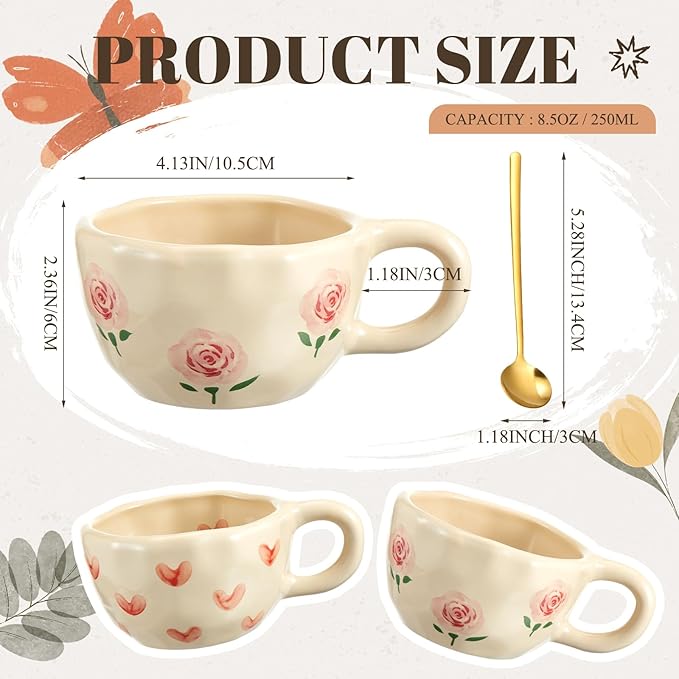 Vesici 2 Pcs Ceramic Coffee Mugs with Spoon, Vintage Floral Spring Mugs with Handle, 8.5 oz Aesthetic Flower Porcelain Tea Cup Set, Dishwasher & Microwave Safe Mothers Day Gifts for Mom(Heart,Rose)