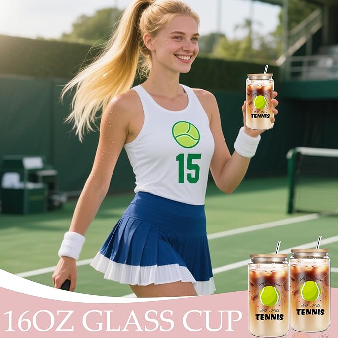 Tennis Gifts for Women, Funny Inspirational Gifts for Tennis Lovers Players, Team Gift Set with Glass Cup Cosmetic Bag Sports Party Favors