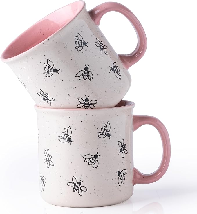 AmorArc 22 OZ Large Ceramic Coffee Mugs, Oversized Soup Cups With Big Handle for Men Women Dad Mom, Big Mug With Textured Bees Patterns for Office & Home -Microwave Safe, 2 Pcs