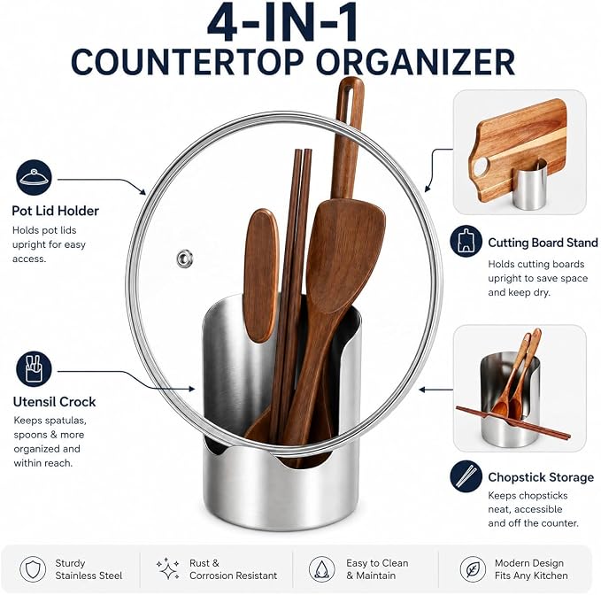 Multi-Functional Kitchen Utensil Holder, Stainless Steel Countertop Organizer for Spoons, Spatulas, Pot Lids, Cutting Boards and Cooking Tools，3pcs