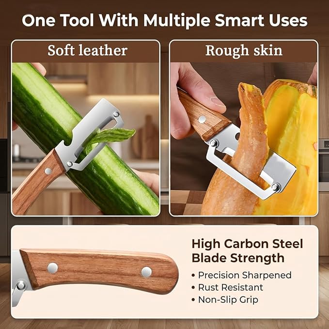 2 Pack Multifunctional Vegetable Peeler, With Wooden Handle and Bottle Opene, Stainless Steel Blade with Ergonomic Wooden Handle, Non-Slip Fruit & Potato Peeler for Kitchen Use