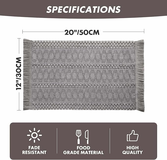ZeeMart Macrame Style Boho Placemats Set of 6, Grey 12x20 Inch | Decorative Farmhouse Table Mats, Natural Cotton Woven Place Mats, Bohemian Home Decor for Kitchen Dining Table