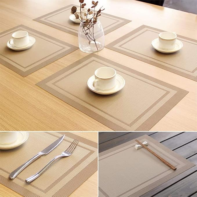 Placemats, Washable PVC Table Mats, Woven Vinyl Placemat for Dining Table Place Mats Set (6 Placemats and 1 Table Runner, Beige-Frames)