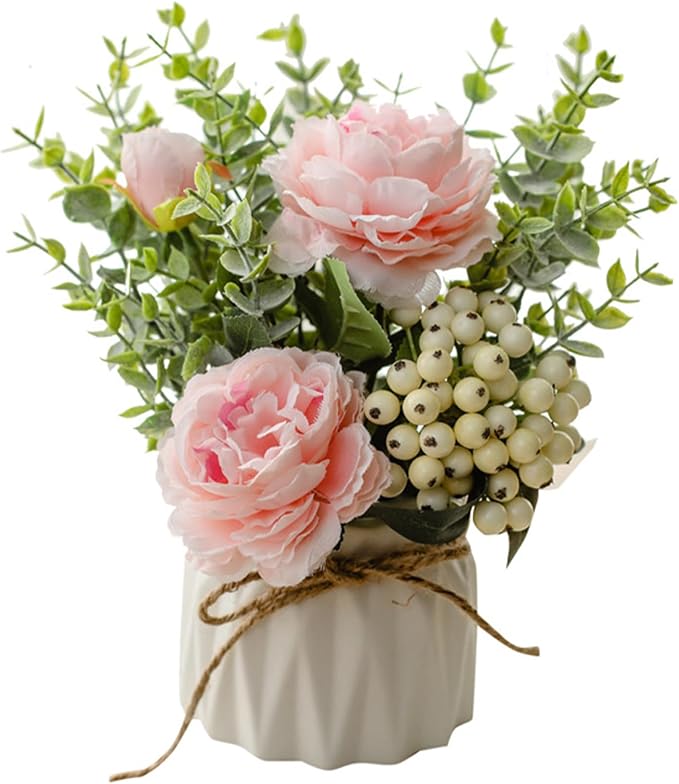 EOBTAIN Fake Flowers in Vase Pink Silk Flowers for Coffee Table Decor Faux Potted Flowers Decoration for Indoor Ceramic Vase with Artificial Plants Flowers Home Decor,Dining Table Centerpiece.