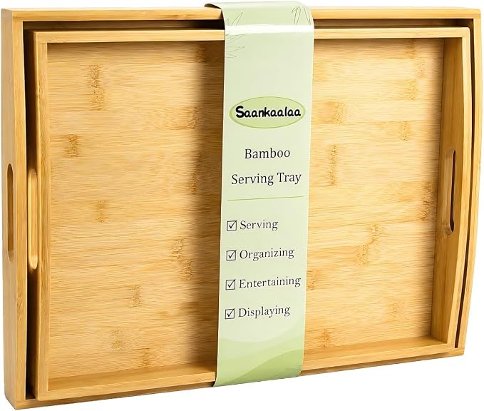 Bamboo Serving Tray Set of 2 with Handles, Rectangular Trays for Food | Solid bamboo trays with curved handles, raised edges; serve food, drinks, coffee, breakfast; nest for organizing & display.