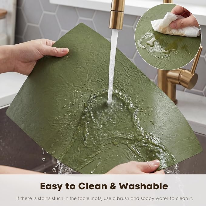 Artoid Mode Olive Green Faux Leather Placemats Set of 8, 12x18 Inch Waterproof Wipeable Heat Resistant Vinyl Place Mats, Reversible Table Mats for Kitchen Dining Decor