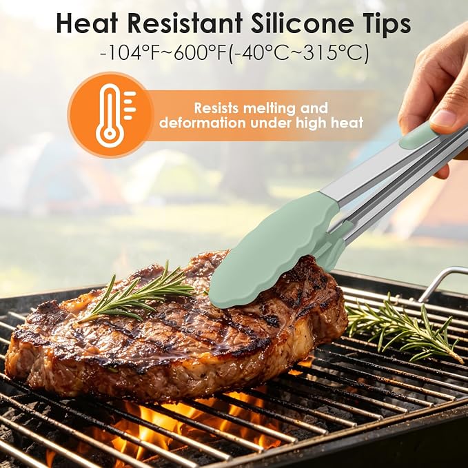 HOTEC Silicone Kitchen Tongs Set of 2-9" and 12" Locking Stainless Steel Cooking Tongs with Silicon Tips Non-Scratch Heat Resistant 600°F for BBQ, Grill, Air Fryer & Serving, Light Green