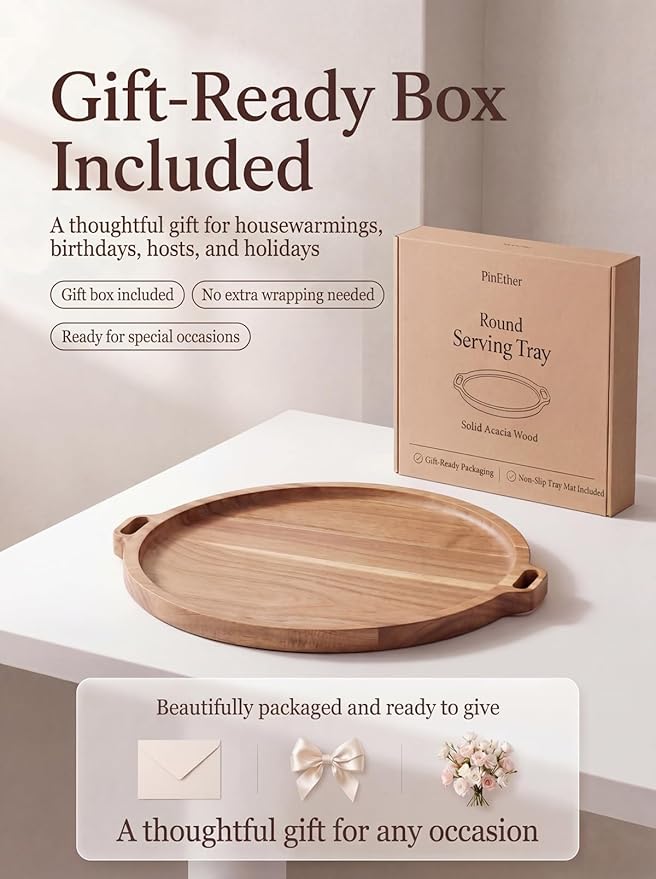 Premium Acacia Wood Round Charcuterie Board, 13 Inch Snack Board with Side Handles, Wooden Cheese Board and Serving Platter for Appetizers, Bread, Fruit and Snacks