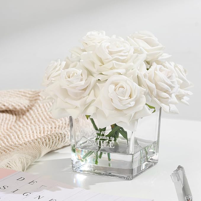 Faux Flowers in Vase - Table Centerpieces for Dining Room, Bathroom, Living Room Decor, Gift for Christmas, Birthdays, and New Year