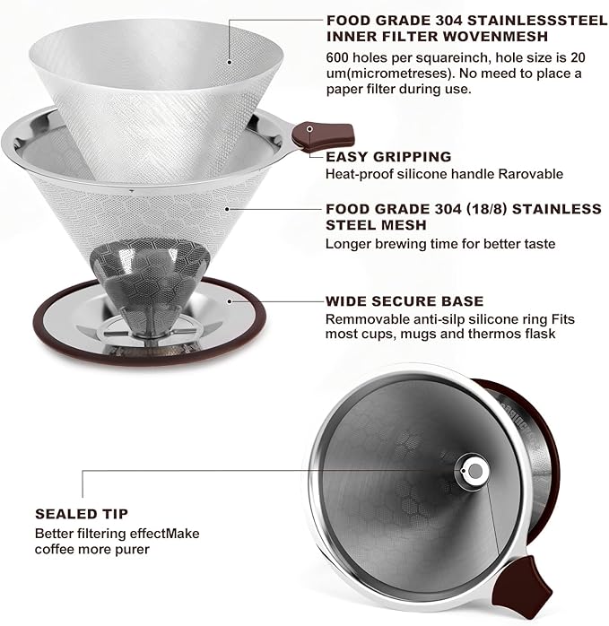 Pour Over Coffee Dripper, Stainless Steel Coffee Filter, Paperless Reusable Coffee Filter, Metal 600 Mesh Strainer Coffee Maker Single Cup Brewer (1-4 Cups)